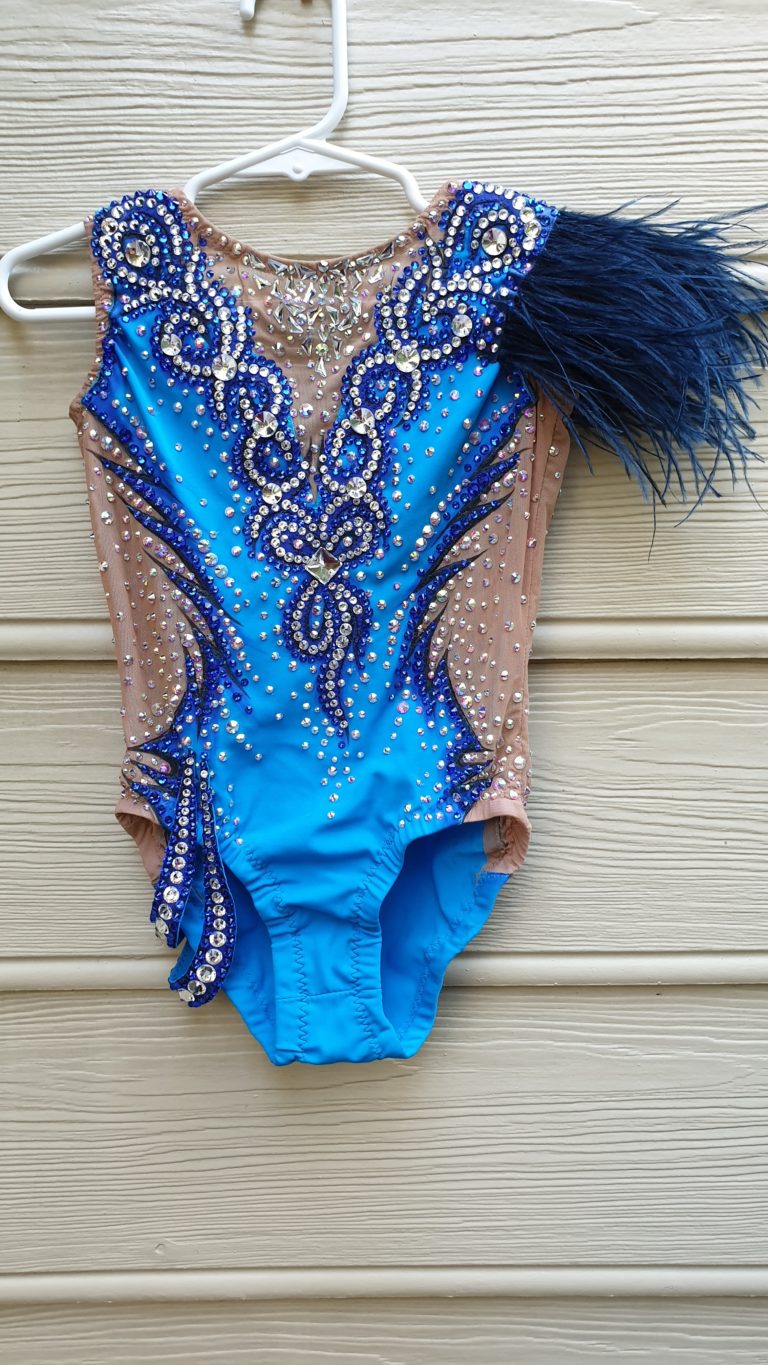 Blue feathery shoulder rhythmic gymnastics leotard Champion Leotards